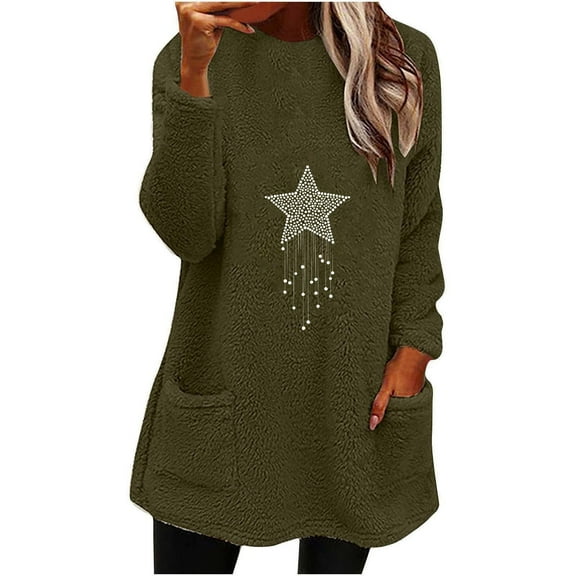 Lovskoo Fuzzy Fleece Pullover Tops for Women Winter Warm Christmas Printed Long Sleeve with Pocket Crewneck Solid Color Warm Top Olive Green