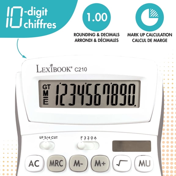 Lexibook 10-Digit Desktop Calculator, Folding Solar, White/Gray