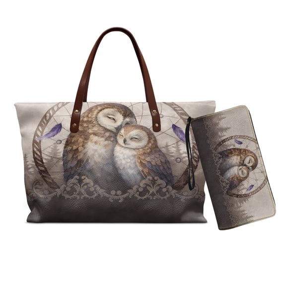 DISNIMO Owl Dreamcatcher Print Handbag Wallet Set for Women Large Tote Bag with Matching Wallet Fashion Leather Top Handle Purse for Daily Use