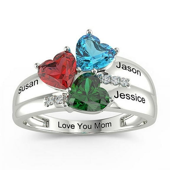 Personalized Couples Sterling Silver Engraved Heart Birthstone 3-Stone Family Ring