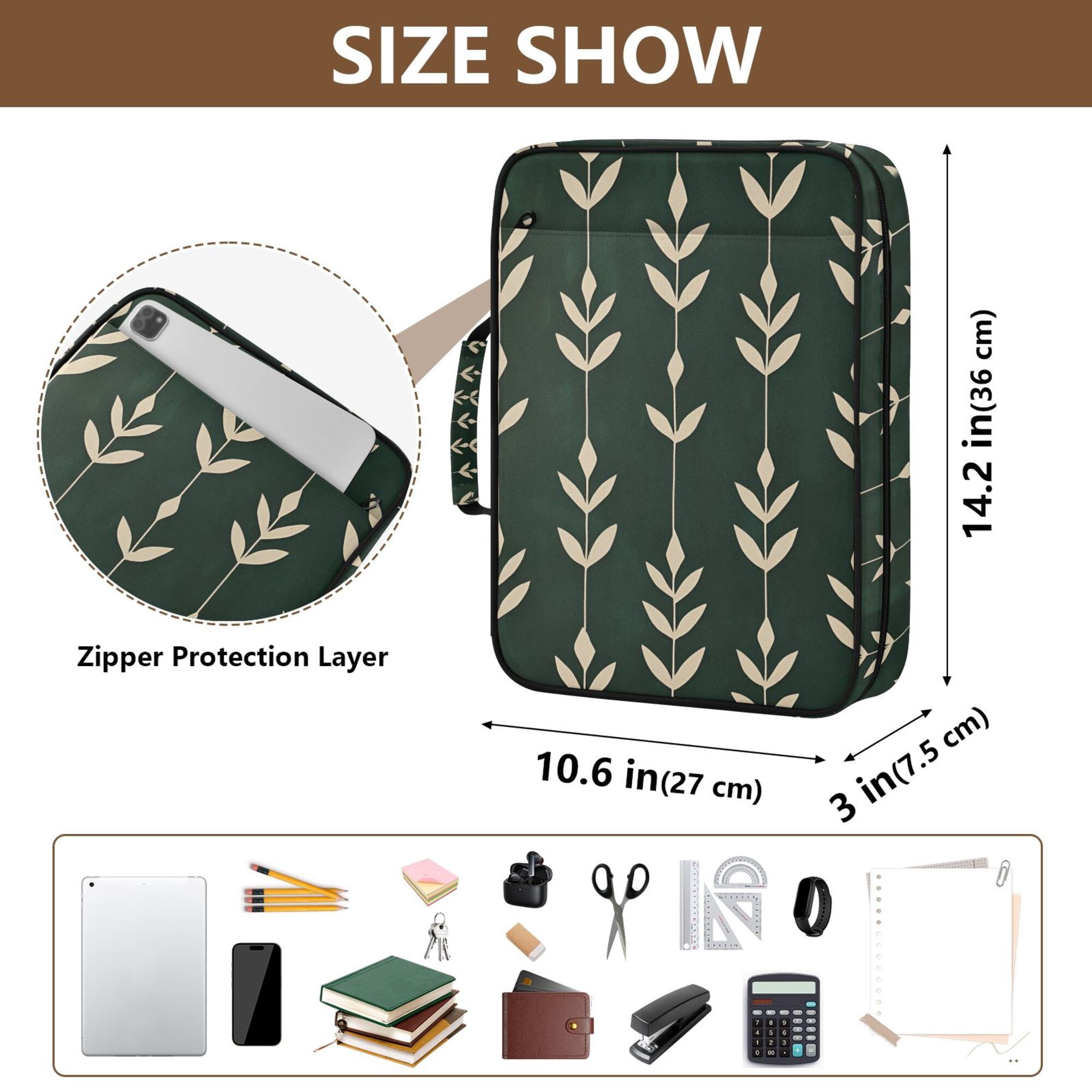 FORMRS Accordion File Folder A4 Size 7-Pocket Expanding Document Organizer Bag with 3 Ring Binder, Green Plants