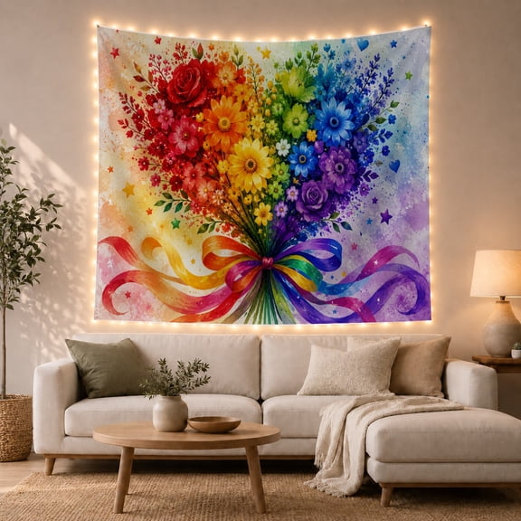 Rainbow Gradient Floral Bouquet in Cream Watercolor Washes, Whimsical Watercolor for Flower Lovers, Botanical Wall Art Decor, Housewarming Gift, Tapestry Wall Hanging for Living Room and Bedroom