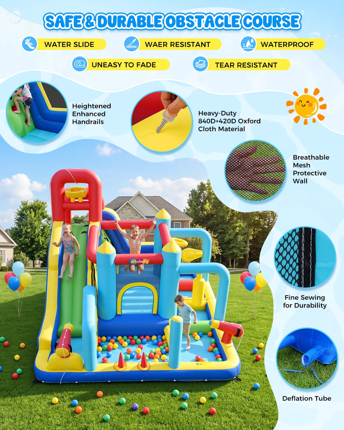 Adnoom Inflatable Water Slide w/550W Blower,Obstacle Bouncy House for Kids 3~10, Wet&Dry Backyard Bounce House w/Jumping Area,Pool,Slide,Climbing Wall,Water Gun, Basketball Hoop