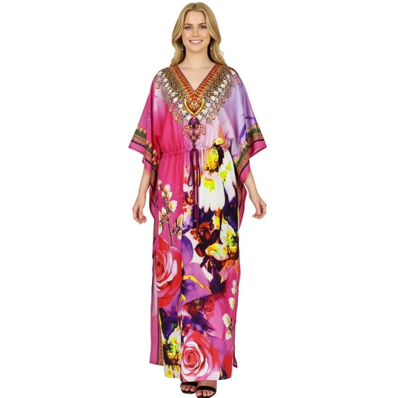 HAPPY BAY Women's Summer African Beach Maxi Plus Size Ethnic Print Caftan Casual Slit Dress Loungewear Dashiki Dresses for Women 2X-3X Rose, Blossom