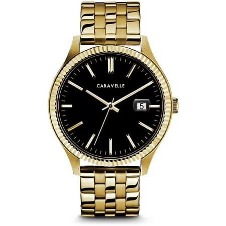 Caravelle Men's Coin Edge Gold-Tone Stainless Steel Bracelet Black Dial Dress Watch