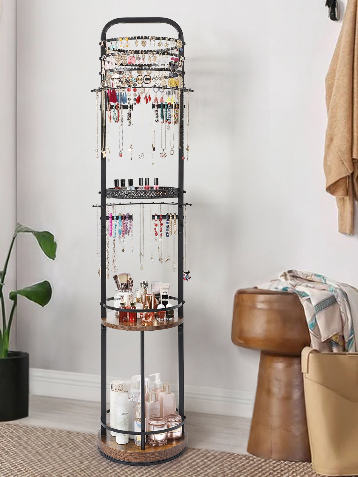 Olakee Rotating Large-Capacity Jewelry Organizer Stand for Earring, Necklace, Bracelet, Ring, Durable Metal & Wood, Girls & Women, Modern, Brown & Black