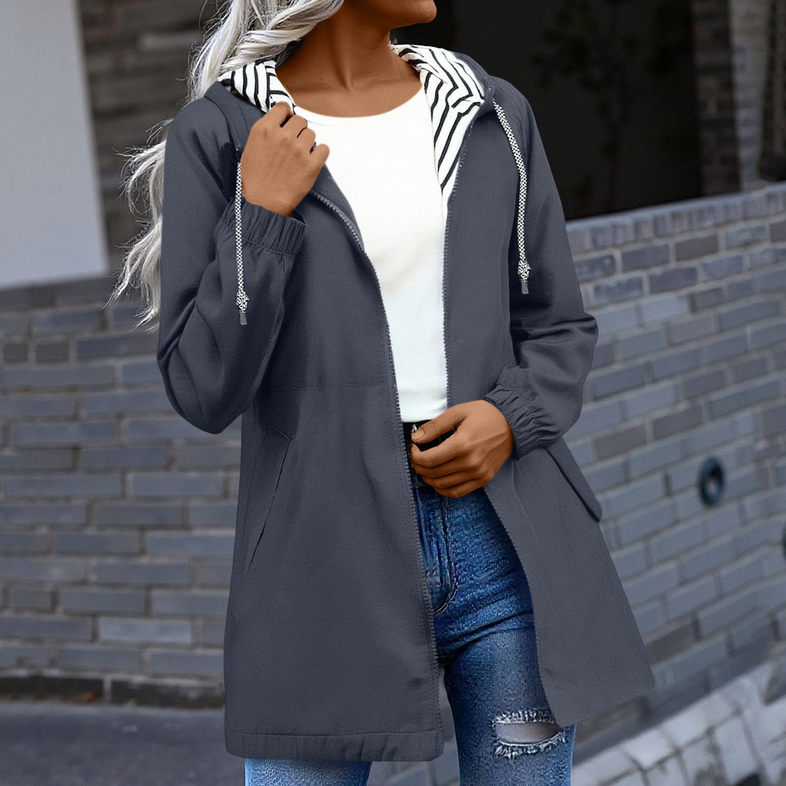 Rain Jackets for Women Waterproof Hooded Long Trench Coats Lined Windbreaker Travel Outdoor Jacket with Pockets