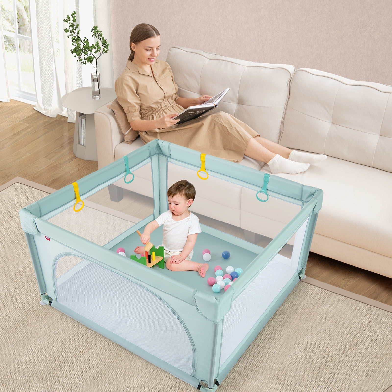 Gymax Baby Playpen for Toddlers Large Kids Activity Center w/ 50 PCS Ocean Balls & 4 Pull Rings