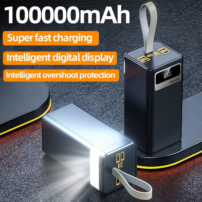 A 100000Mah Power Bank with 22.5W Super Fast Charging, Large Capacity, Intelligent Digital Display Screen, Leather Hanging Rope,Outdoor Camping LED Light,Travel Backup Power Supply,Suitable for Phone