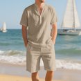 thumbnail image 2 of Xzbqbs Mens 2 Pieces Linen Set Casual Henley Shirts Short Sleeve Matching Elastic Waist Drawstring Shorts Summer Beach Yoga Outfits, 2 of 7