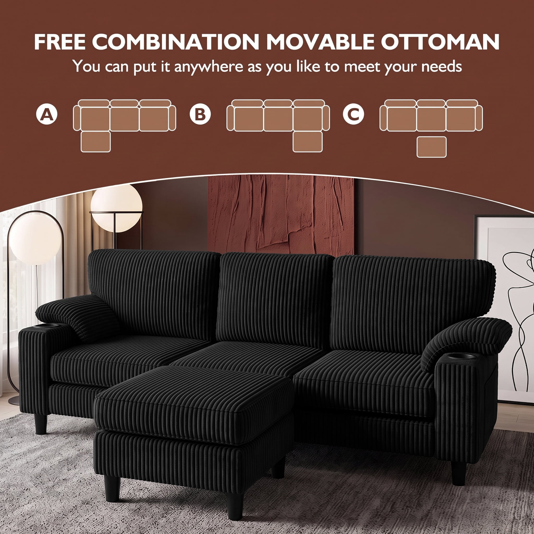 Xiweot 80" L Shaped Sectional Sofa, 3 Seater Convertible Couch with Storage Ottoman, Charging Ports & Cup Holders, Corduroy Comfy Upholstered Sofa for Living Room Apartment, Black