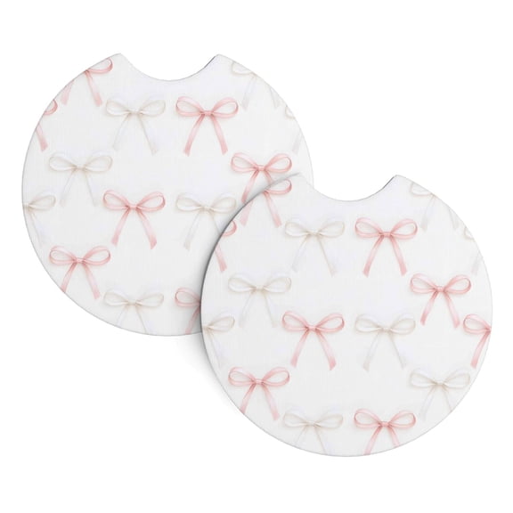 2 Package Car Coasters Drink Absorbable Rubber Base Cup Holder Coasters Non-Slip Coasters Bar Coasters Car Interior Accessories 2.7 Inches Pink And White Bow Tie