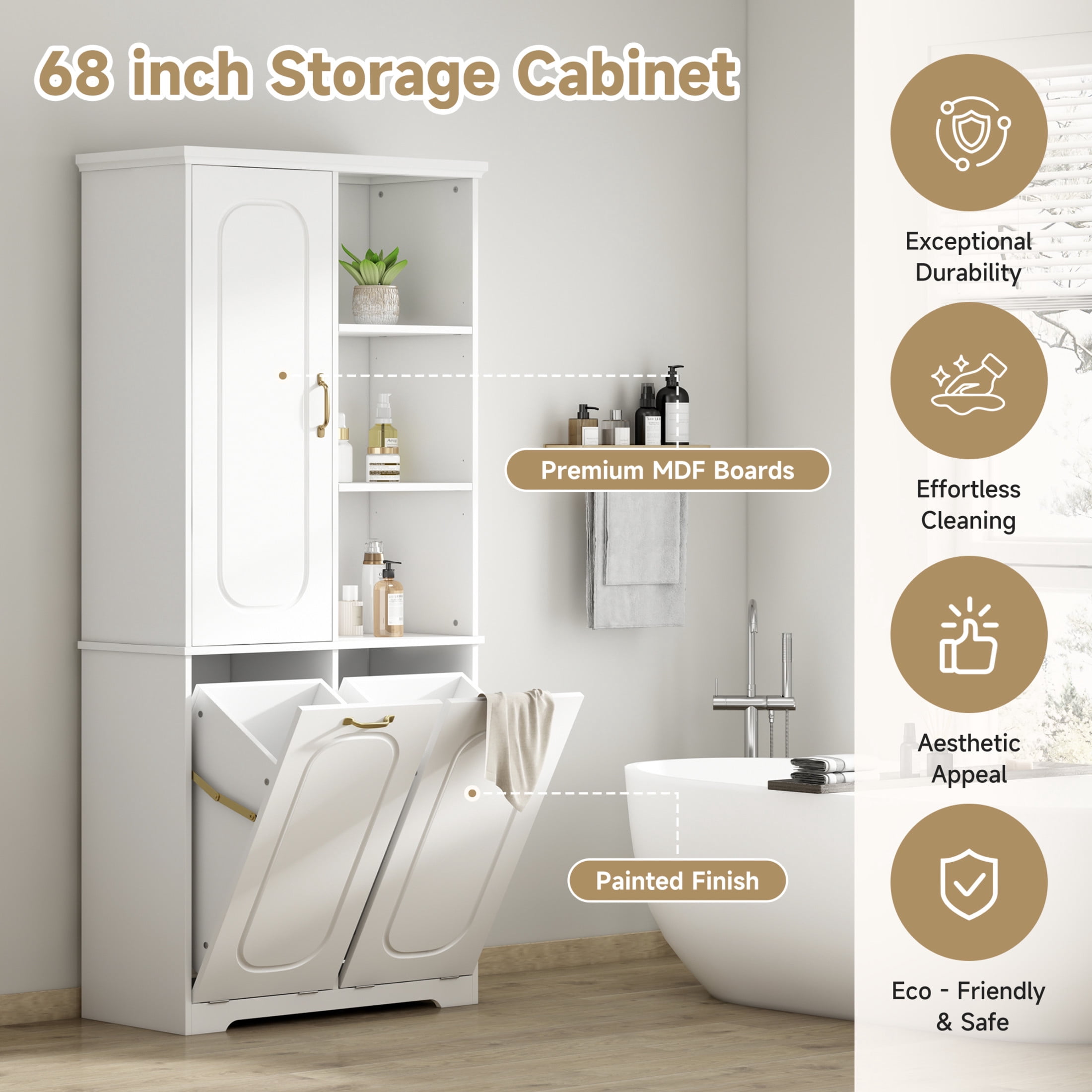 Christopher Knight Home 68" Tall Storage Cabinet with Tilt-Out Hampers, Adjustable Shelves, White