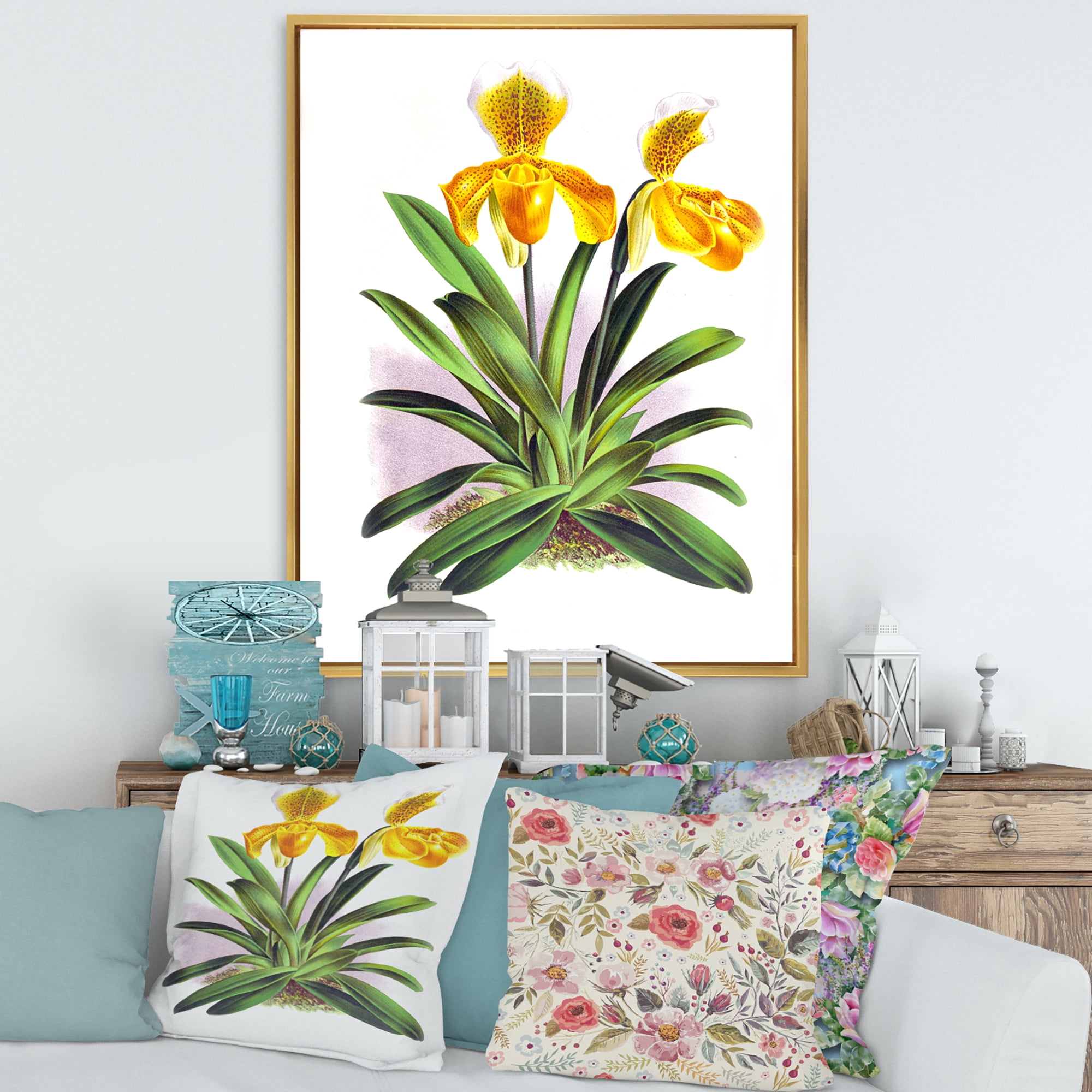 Designart 'Yellow Vintage Orchid' Traditional Framed Canvas Wall Art Print