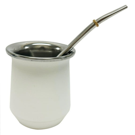 Argentina Mate Tea Cup Double Wall Bombilla Straw Set Stainless Steel Gourd Whit