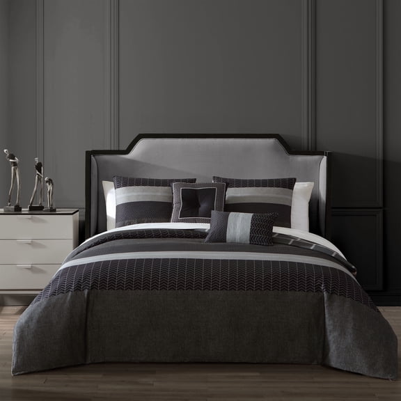 Bebejan Kyle 5 Piece Comforter Set, Queen, Black, 100% Cotton Sateen, Reversible, All Season, Cozy Comfort