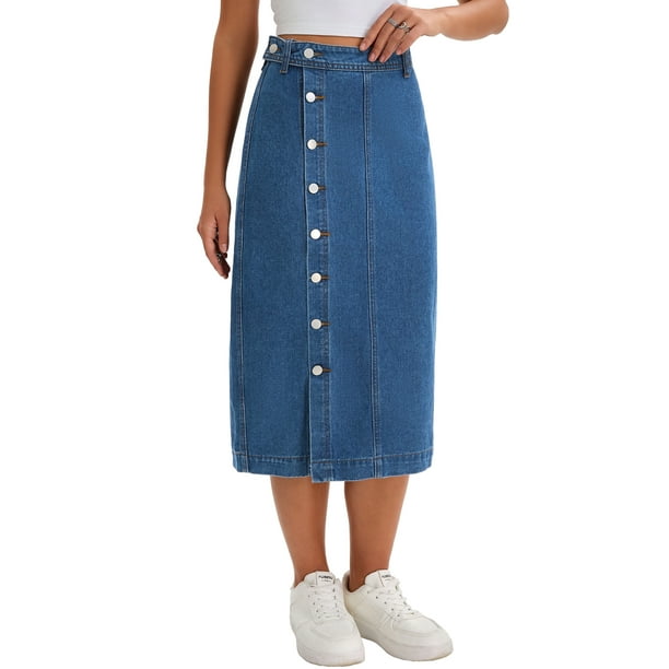 Falda midi de mezclilla para mujer Inspire Chic, de cintura alta, con botones, casual, con abertura, falda de jeans M azul