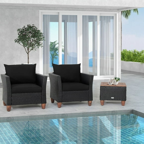 Gymax 3PCS Patio Rotin Conversation Meubles Ensemble Extérieur W / Coussins Noirs