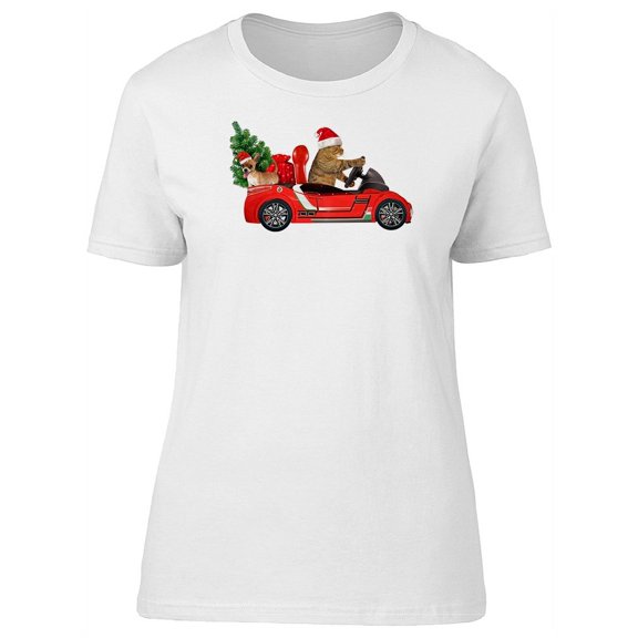 Cat Driving Santa Car T-Shirt Women -Image by Shutterstock, Female Medium