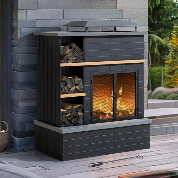 Sunjoy 42 in. Wood Burning Fireplace, Steel Outdoor Fireplace with Chimney, Log Holders, Fire Poker and PVC Cover