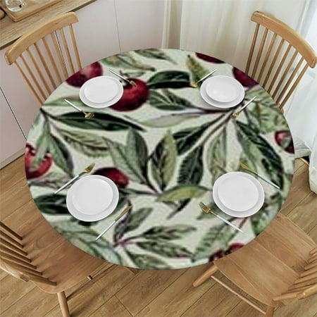 

Wllo0ord Round Tablecloth Fitted Table Cover Elastic Tablecloths Waterproof Outdoor Indoor Stretch Cloth Tablecover for Dinner Party Shower Green Leaves Red Berry Plant Leaves 38-42