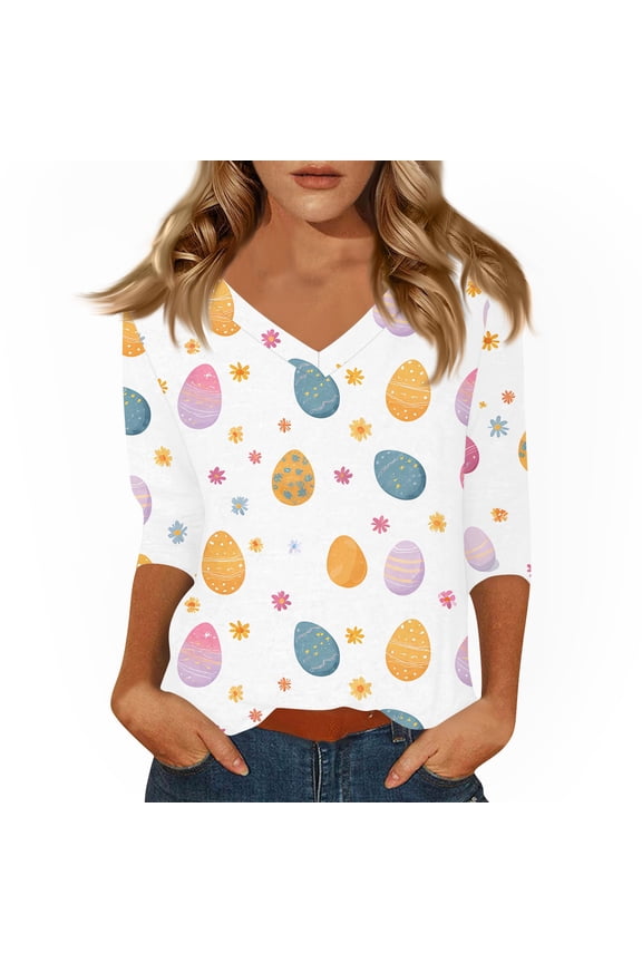 Easter Ladies Tshirt Funny V Neck Plus Size Tshirts Eggs Trendy Spring Tops Bunny Casual 3/4 Sleeve Clothing Yellow S