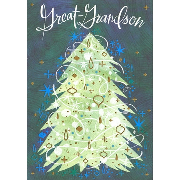 Designer Greetings Light Green Tree, White Swirls and Gold Foil Ornaments Great-Grandson Christmas Card