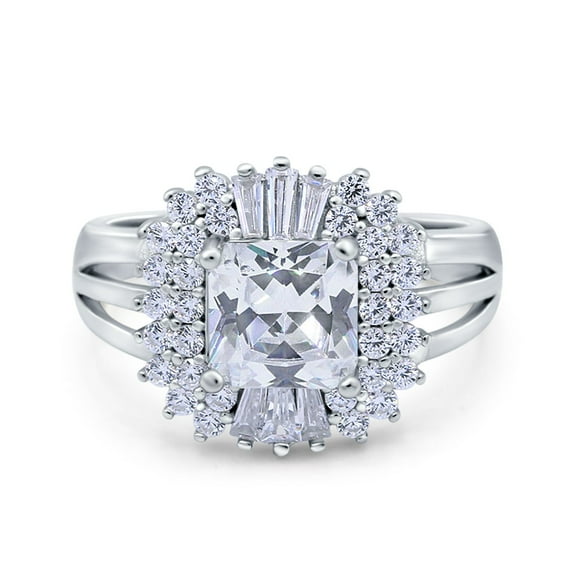 Simulated Cubic Zirconia Size-5 Cushion Cut Art Deco Wedding Engagement Bridal Ring Baguette Ring 925 Sterling Silver
