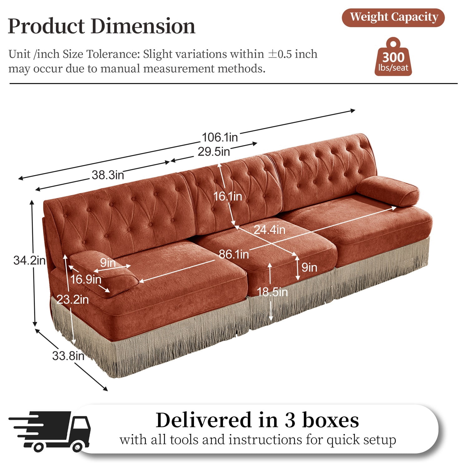 Hommoo 3-Seater Chesterfield Style Velvet Fabric Sofa Couch set, Tufted Button Upholstered Design and Floor-grazing Tassel, Free Combination Sectional Sofa, for Home, Red Brown