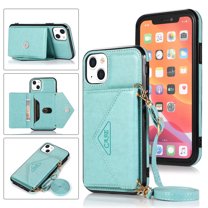 Dteck Card Holder Wallet Case for Apple iPhone 13 6.1-inch,Shockproof Rubber Silicone Bumper PU Leather Card Pocket Hybrid Protective Kickstand Cover with Cross Body Shoulder Strap,Mint