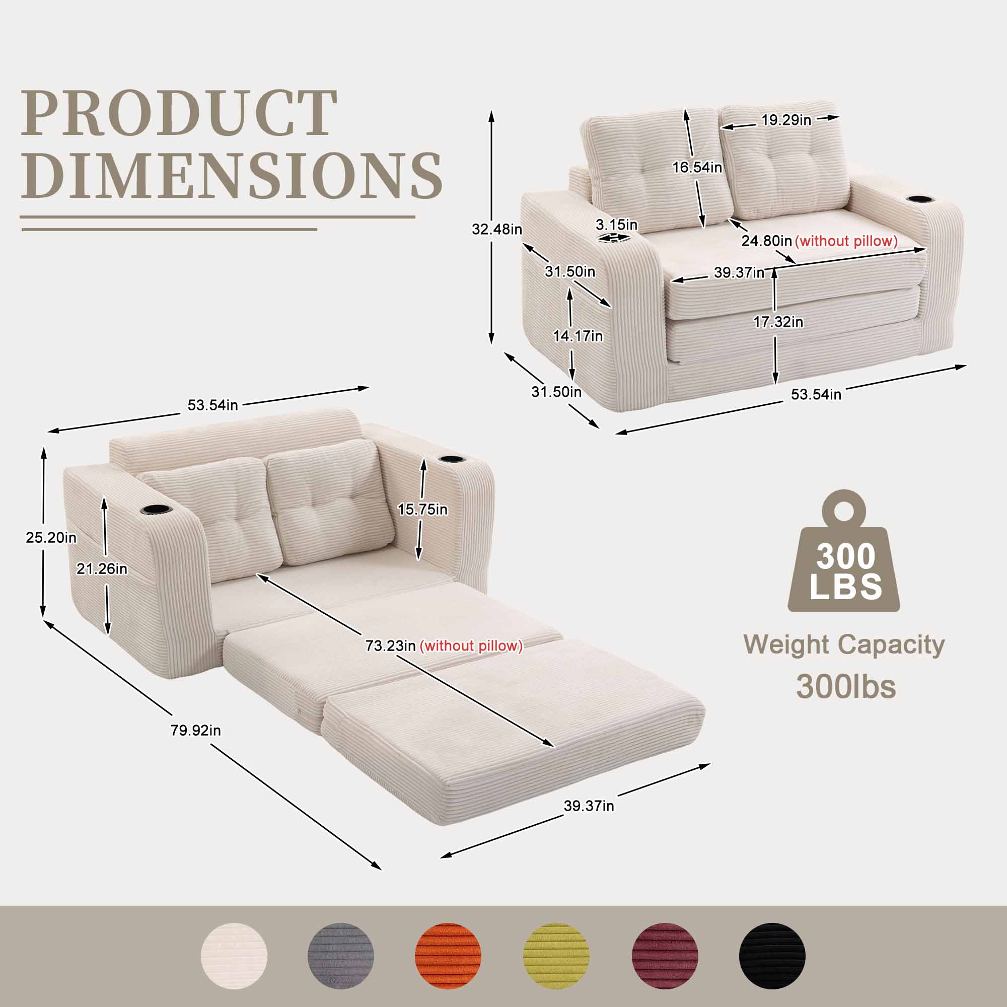 Lunale 54" Convertible Sofa Bed, Small Boneless Cloud Couch with Cup Holders, No Assembly Required, Corduroy Floor Sleeper Sofa, Beige