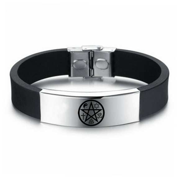 Sacred Pentacle Symbol Silicone Bracelet with Stainless Steel Buckle, Multi-faith Cross Star of David Triquetra Yin Yang Om Mysteries Bangle Wristband Religious Amulet Gifts, 8.66''