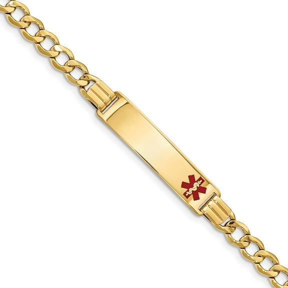 14K Medical Red Enamel Semi-solid Curb Link ID Bracelet in 14k Yellow Gold