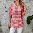 thumbnail image 7 of Vivianyo HD Women's V Henley Gingham Plaid Blouse, Adjustable Roll Tab Three Quarter Sleeve Shirt for Women, Spring Summer Casual Tunic for Grocery Runs and Neighborhood Walks, Sizes S-2XL, 7 of 7