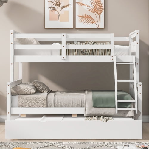 Twin over Full Bunk Bed with Ladder and Twin Trundle - Modern White Wood Bunk Bed for Small Space, Guest Room, White