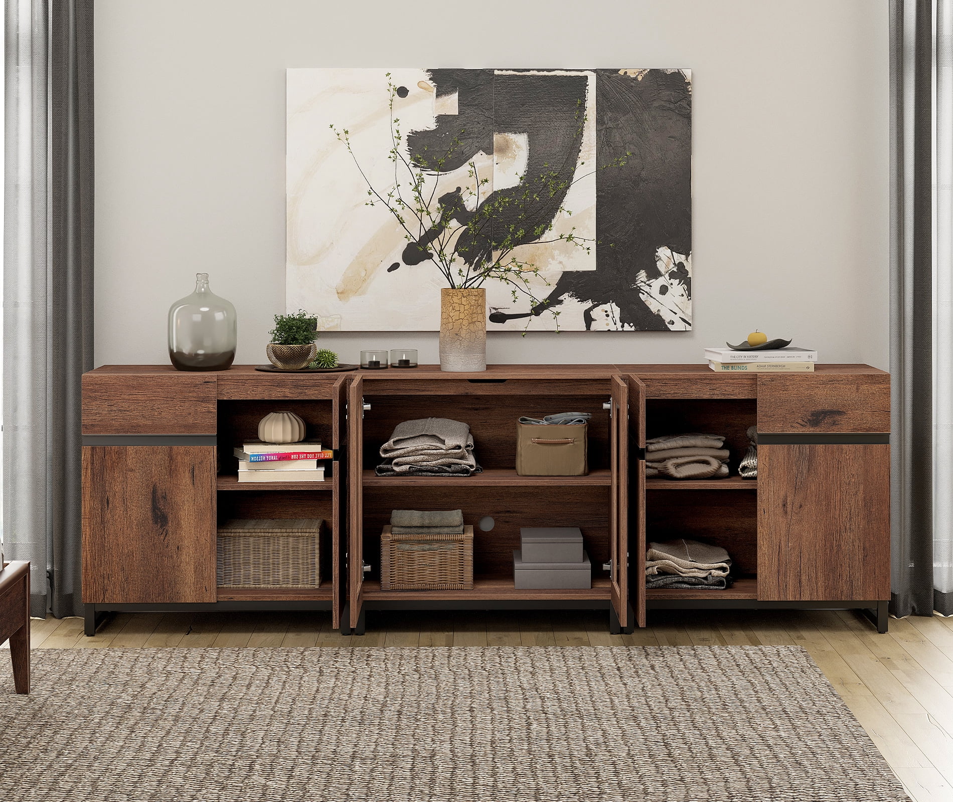 Modern 3-in-1 Storage Chest, Multifunctional Bedroom Dresser with Glass Doors & Adjustable Shelves, Versatile Home Closet Organizer Cabinet,Brown