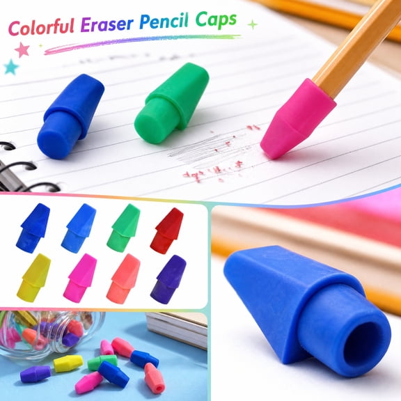 20-Pcs Pencil Top Erasers, Handy Pencil Cap Erasers, Secure Fit Prevents Falling Off, Minimalist Student Supplies for Art & Homework (Multicolor Mix)