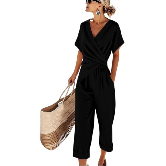 CIENVNSTG Two Piece Sets for Women Summer Short Sleeve Irregular Pleated Chic Top Wide Leg Pant Casual Trousers Female Outfit Office Suit Black L