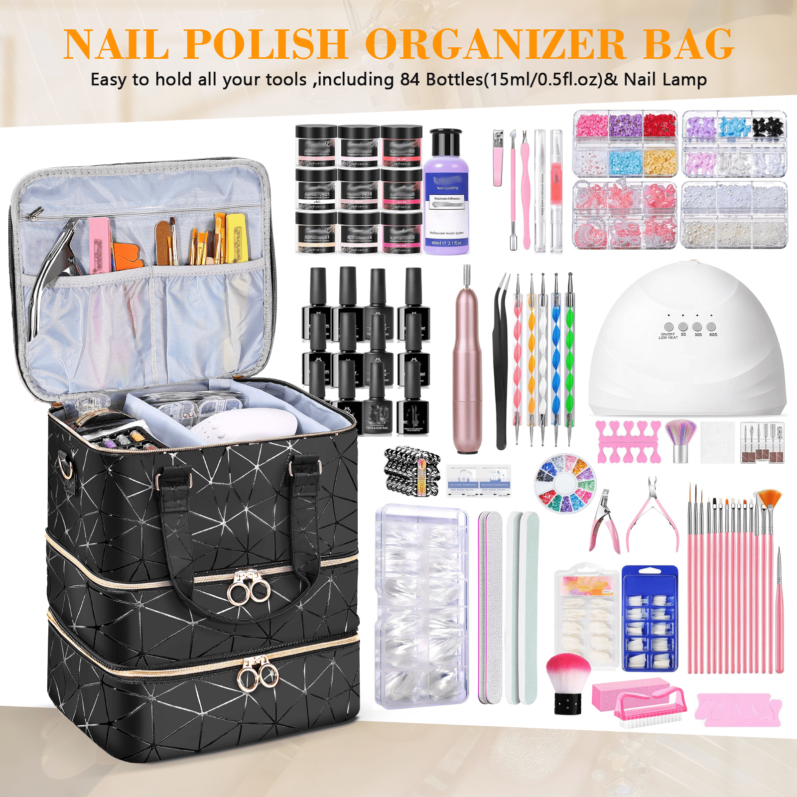 YAYUFN Nail Bag Organizer Case Holds 84 Bottles(15ml/0.5fl.oz) ,3 Layers PU Leather Nail Supplies Storage Organizer Bag,Large Shoulder Strap Nail Polish Holder Travel Carrying Case,Black
