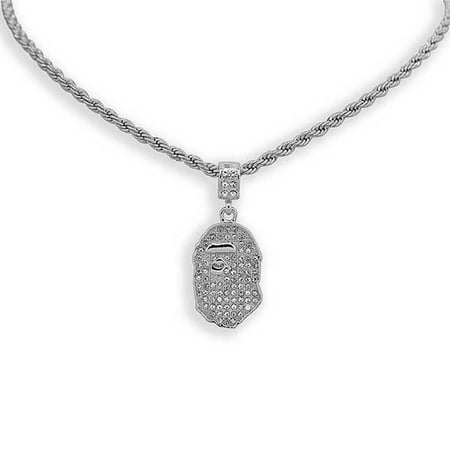 - 14K White Gold Plated Iced Out Hip Hop Bling Bape Ape Pendant with 24