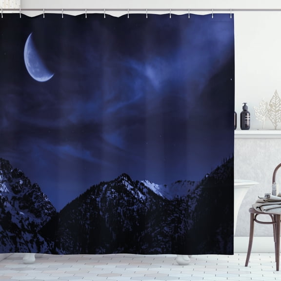 Ambesonne Night Shower Curtain, Snowy Mountains Scenic, 69"Wx70"L, Dark Blue Black Coconut