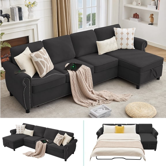 LLappuil Sectional Sofa, 107" Sectional Couch with Pull Out Sofa Bed Queen Size, 4 Seat Velvet Sofa with Memory Foam Mattress for Living Room Black