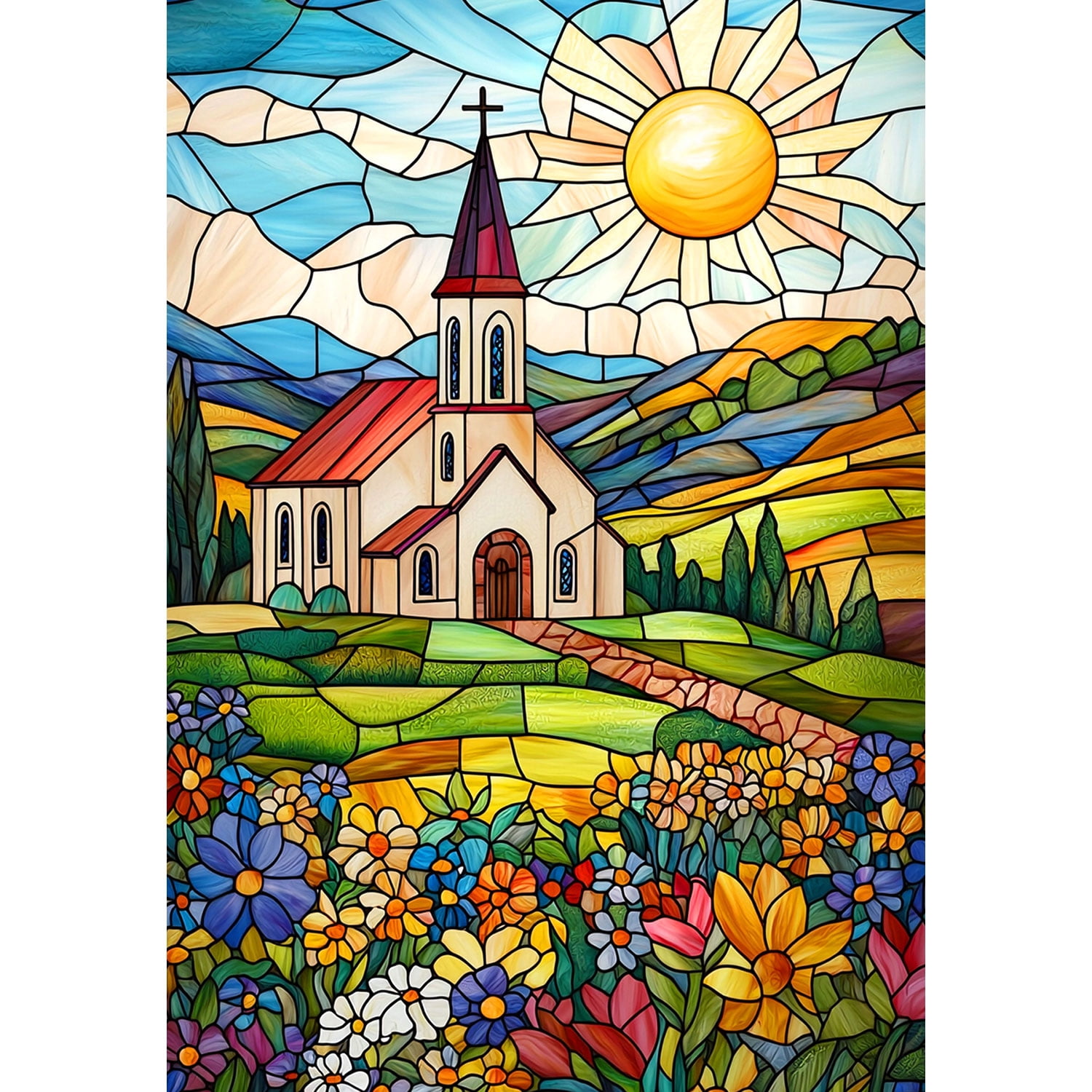 America Forever Stained Glass Church House Flag, 28 x 40 inch Double Sided, Church Stained Glass Window Art, Country Church Sun Wildflower, Sacred Art Flag