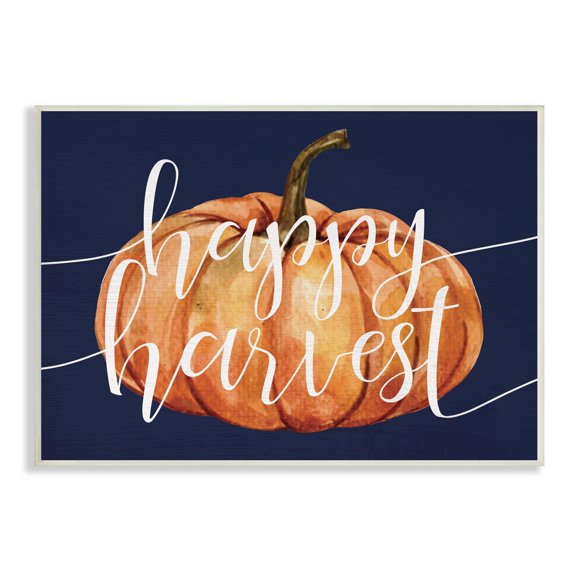 Stupell Industries Happy Harvest Phrase Orange Pumpkin over Blue, 15 x 10,Design by Daphne Polselli