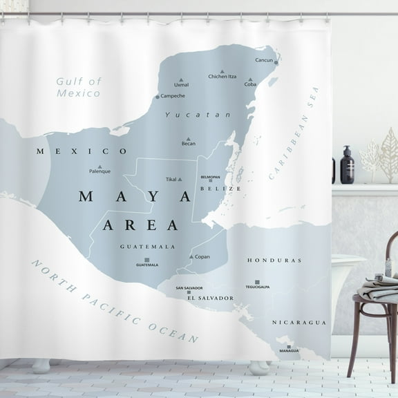 Cacun Shower Curtain, Map with Informational Text of Cities and Borders in Charcoal Grey Tones, Fabric Bathroom Set with Hooks, 69W X 75L Inches Long, Pale Blue Grey White, by Ambesonne
