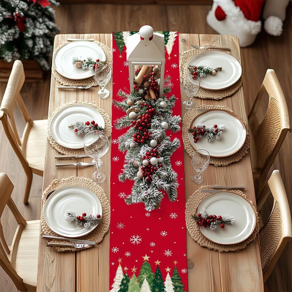 Christmas Table Runner 13x72 Inch, Xmas Trees Snowflakes Winter Holiday Decorative Farmhouse Table Decorations for Kitchen Dinning, Indoor Outdoor Dinner Party Decor
