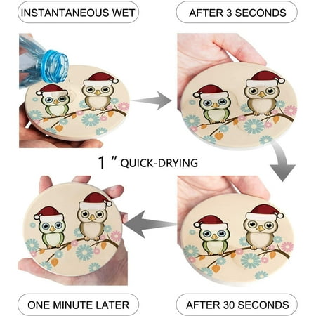 

KXMDXA Christmas Owl Set of 6 Round Coaster for Drinks Absorbent Ceramic Stone Coasters Cup Mat with Cork Base for Home Kitchen Room Coffee Table Bar Decor