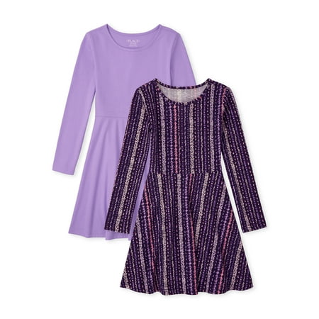 The Children's Place Girls Printed and Solid Long Sleeve Knit Dresses, 2-Pack, Sizes 4-16