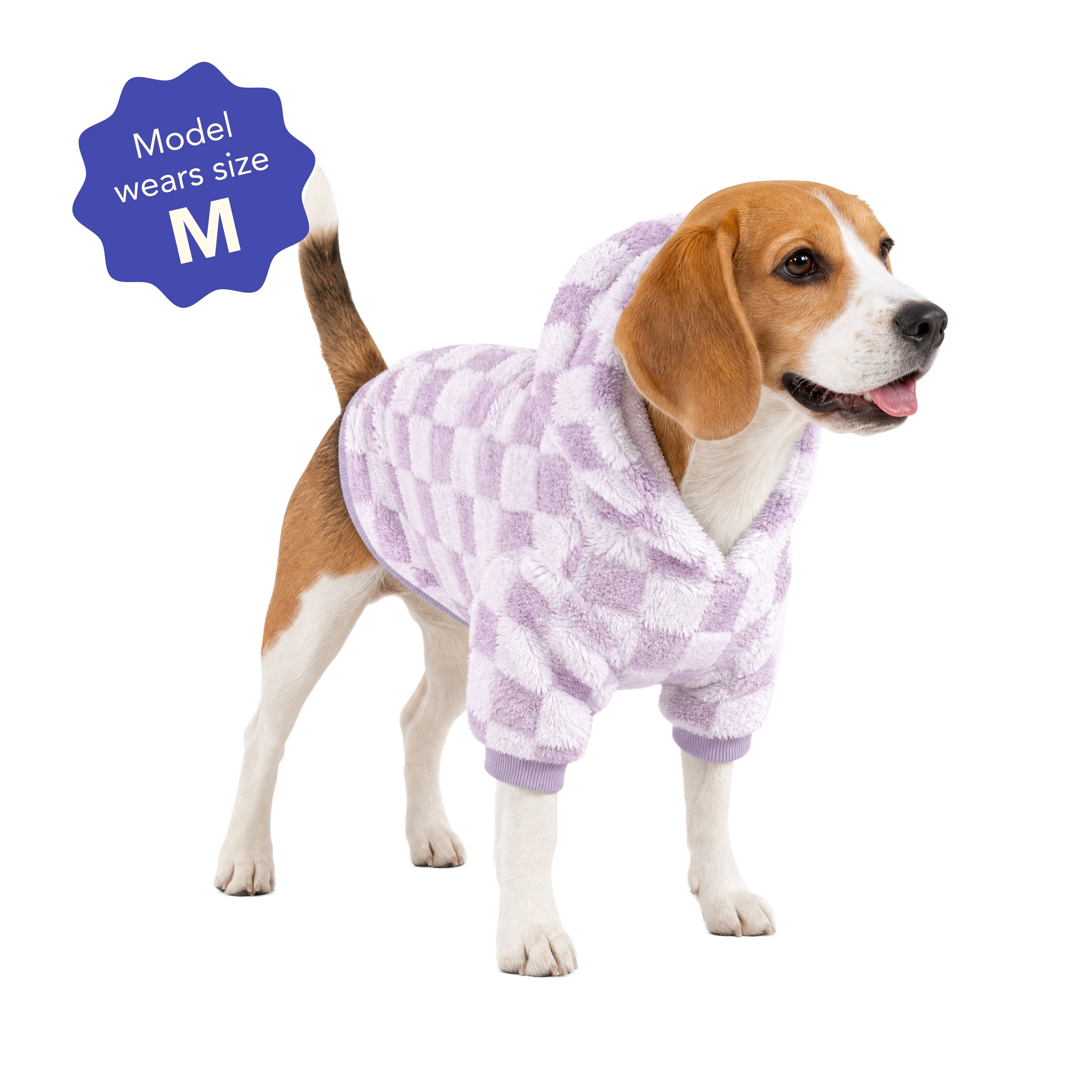 Oodles Checkerboard Fall Sherpa Dog Hoodie, Purple, Medium