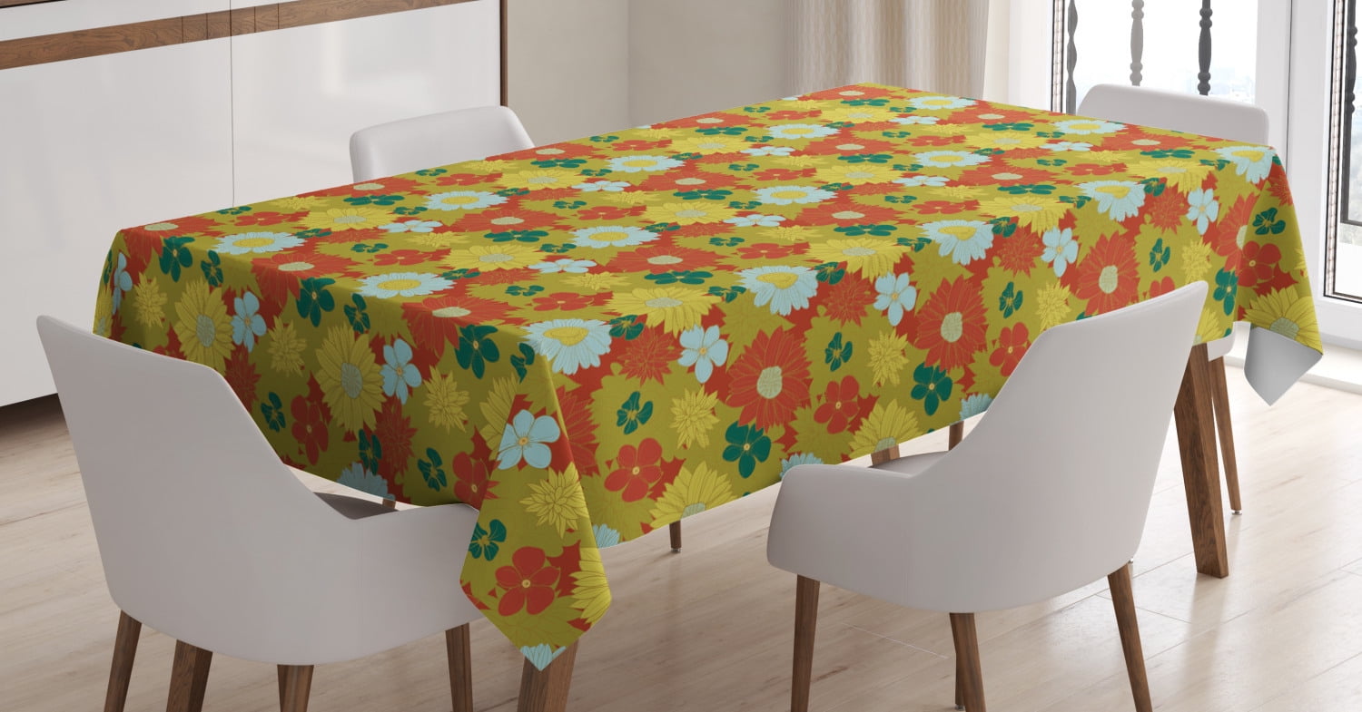 Ambesonne Floral Tablecloth 60 X 84 Ornamental Design Vintage Effect Blooming Chrysanthemum and Lily Flowers with Leaves Multicolor Dining Room Kitchen Rectangular Table Cover